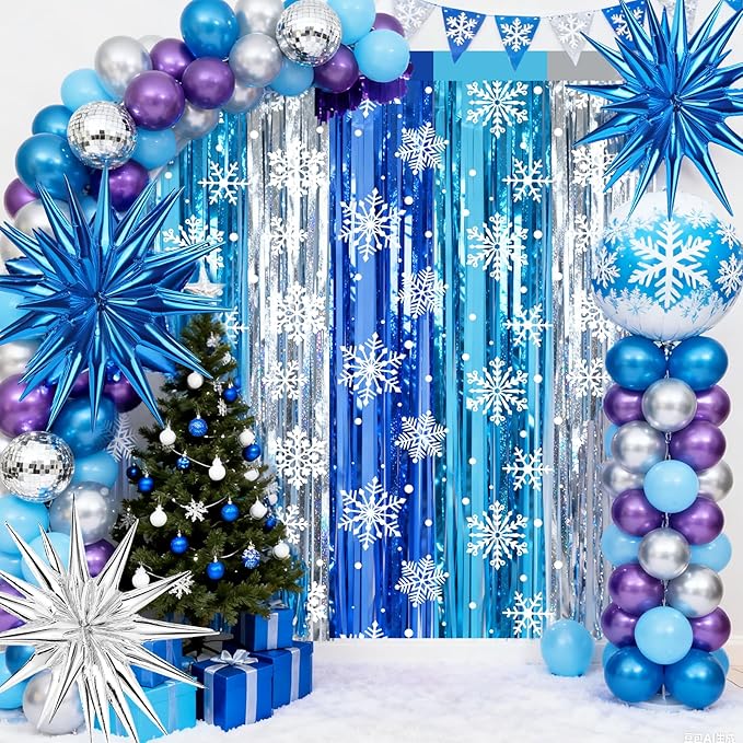 2 Packs Snowflake Foil Fringe Curtain, Blue Silver Ice Glitter