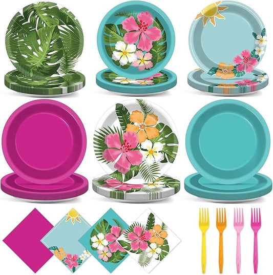 96 Pcs Hawaiian Party Decorations Hibiscus Paper Plates Napkins