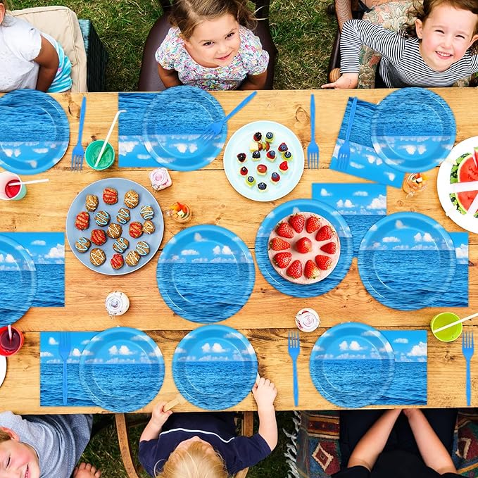 96Pcs Summer Ocean Plates and Napkins Under the Sea Bubbles Blue Sky