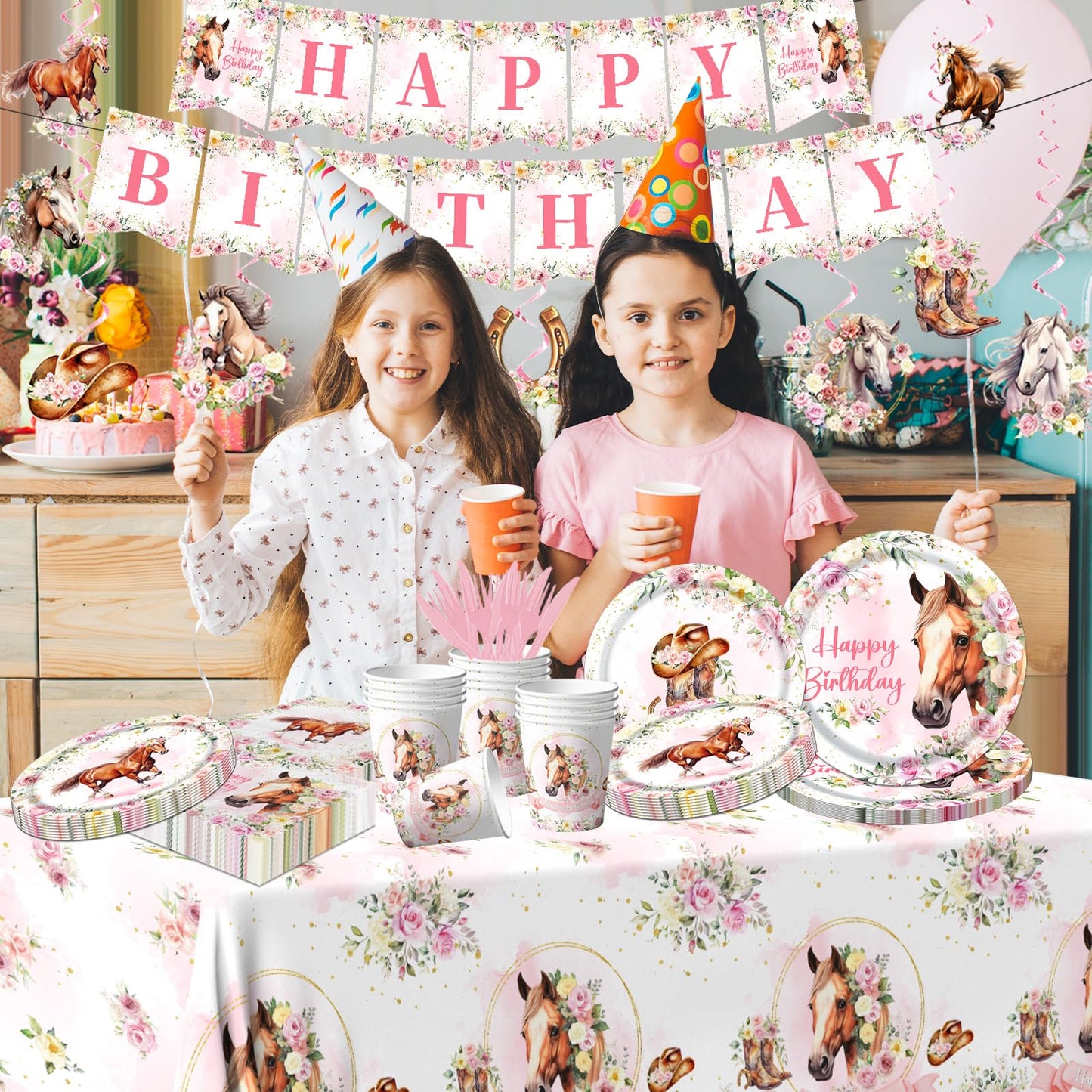 Horse Birthday Decorations Tableware,171PCS Cowgirl Floral Themed