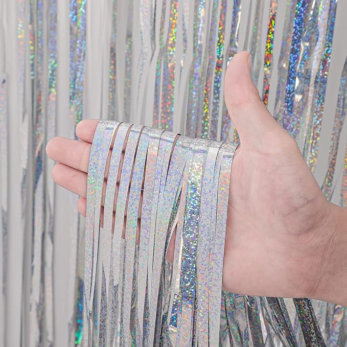 Voircoloria 4 Pack Laser Silver Foil Fringe Backdrop Curtains, Tinsel