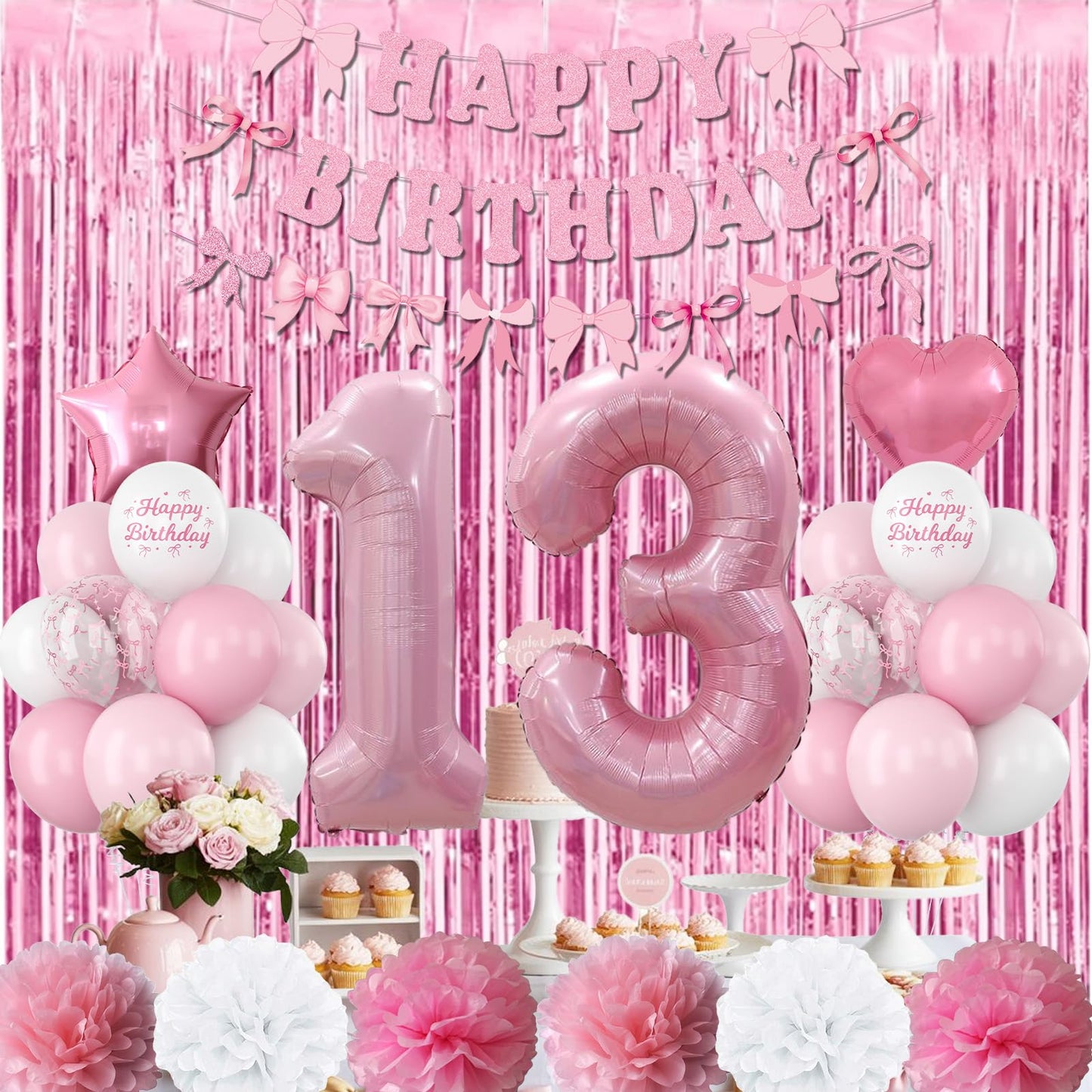 13th Birthday Decorations for Girls Pink Number 13 Balloon Bow