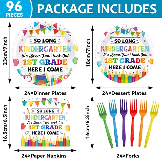 96Pcs Kindergarten Graduation Party Paper Plates and Napkins So Long
