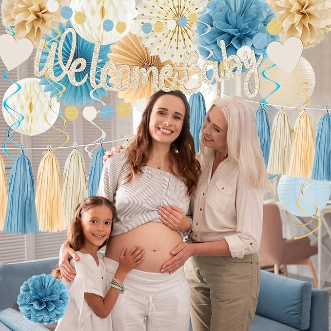 Light Dusty Blue Boho Baby Shower Party Decorations Beige Champagne