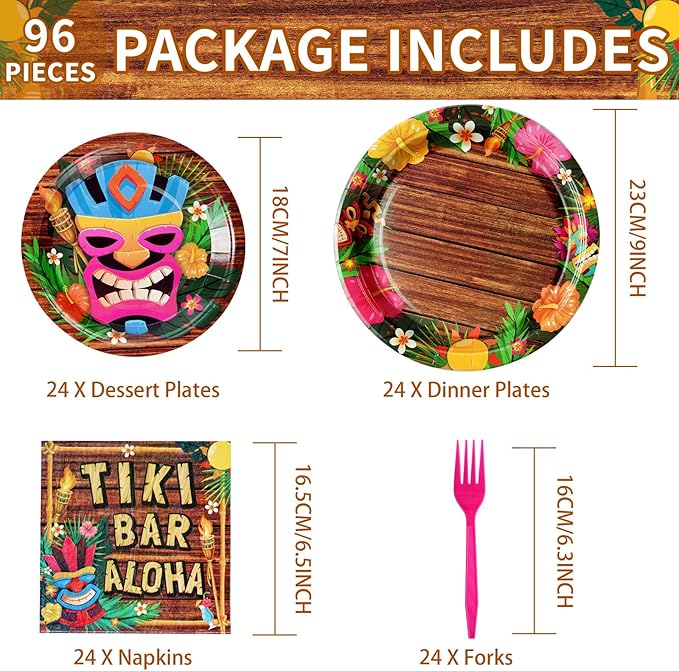 96Pcs Hawaiian Tiki Party Supplies Tiki Party Plates Disposable