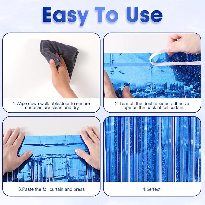 Voircoloria 3 Pack 3.3 x 8.2 ft Laser Blue Foil Fringe Backdrop