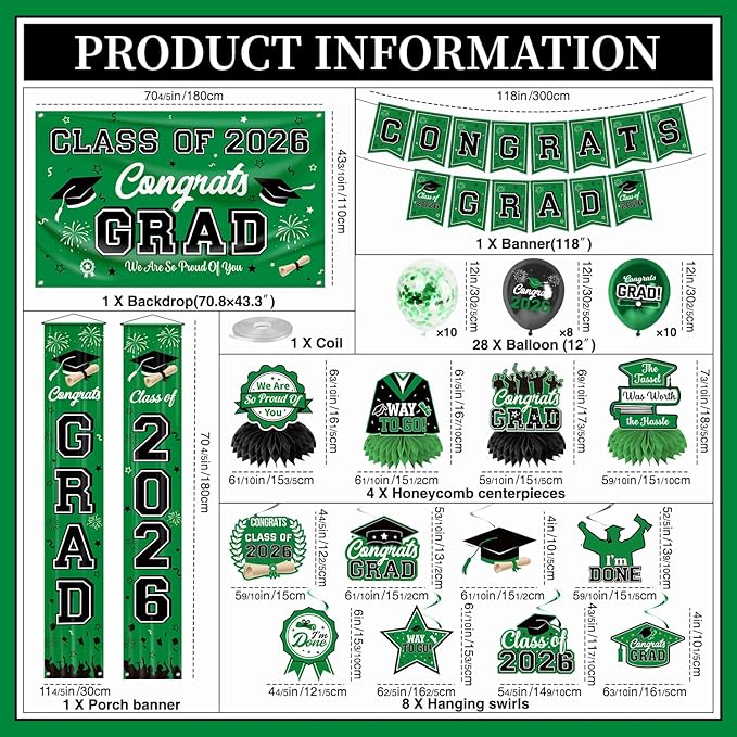 Graduation Decorations 2026 Green Graduation Party Decor Set include