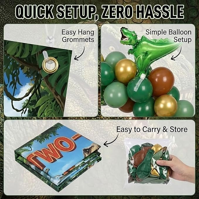Dinosaur Two Rex Birthday Decorations include Hunter Green Brown