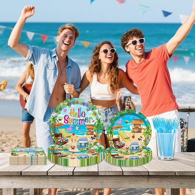 96 Pcs Hello Summer Party Decorations Summer Beach Paper Plates and
