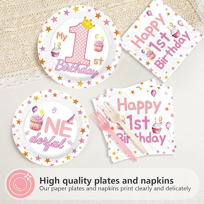 96 Pcs Pink First Birthday Party Decorations Sweet One Happy 1st