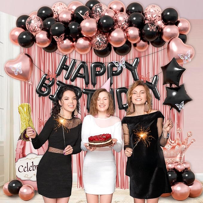 Rose Gold and Black Birthday Party Decorations with Happy Birthday
