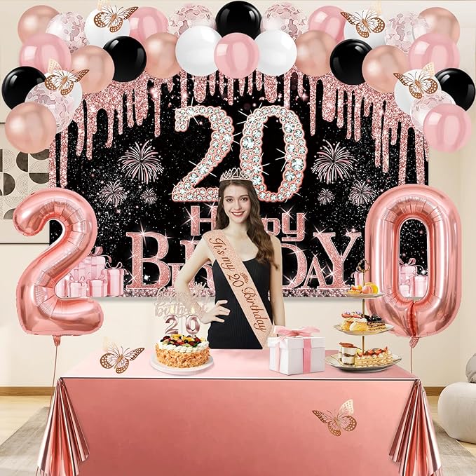 20th Birthday Decorations for Her 49pcs Black Rose Gold Black Banner