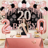 20th Birthday Decorations for Her 49pcs Black Rose Gold Black Banner