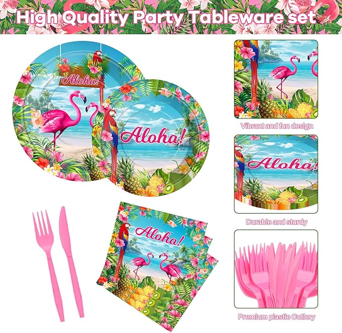 Flamingo Party Supplies 144 PCS Tropical Hawaiian Luau Decorations