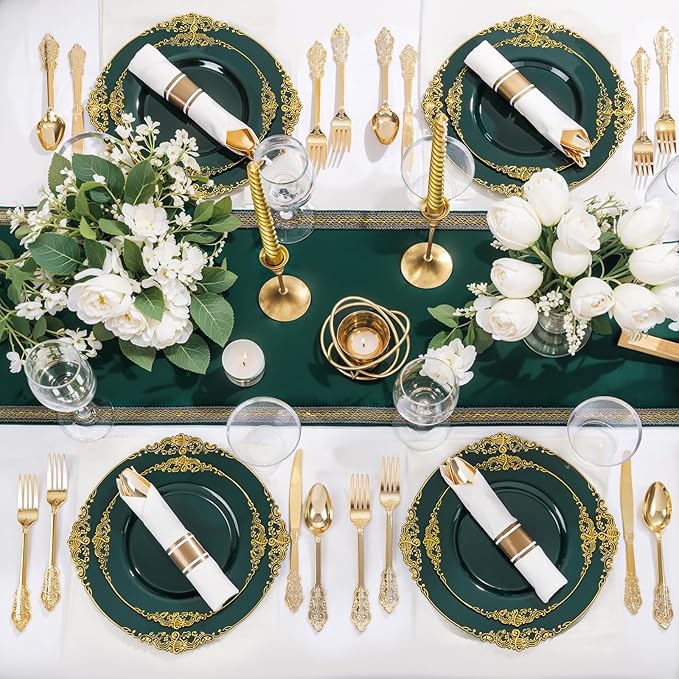 Nervure 175PCS Green Plastic Plates - Disposable Green Gold Party