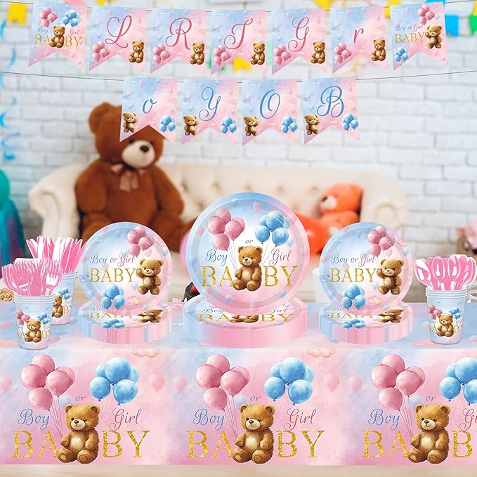 142 Pcs Bear Gender Reveal Decorations Bear Themed Plates Cups and