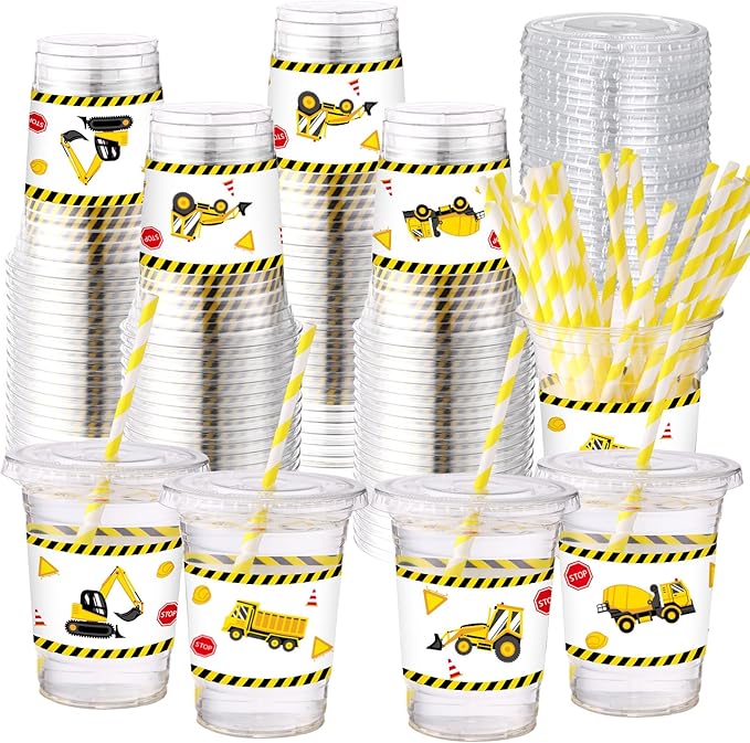 50 Sets Construction Theme Party Plastic Cups with Lids and Straws