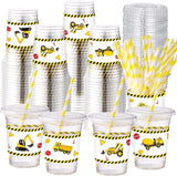 50 Sets Construction Theme Party Plastic Cups with Lids and Straws