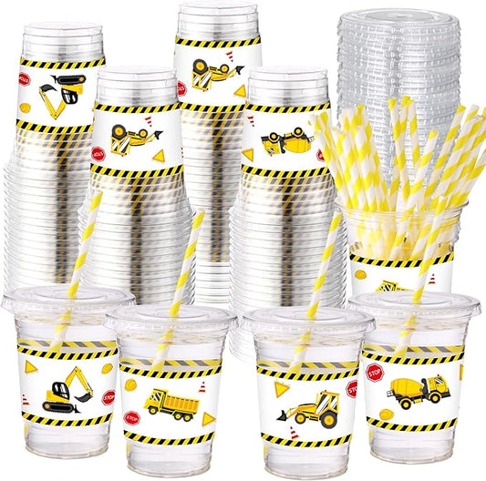 50 Sets Construction Theme Party Plastic Cups with Lids and Straws