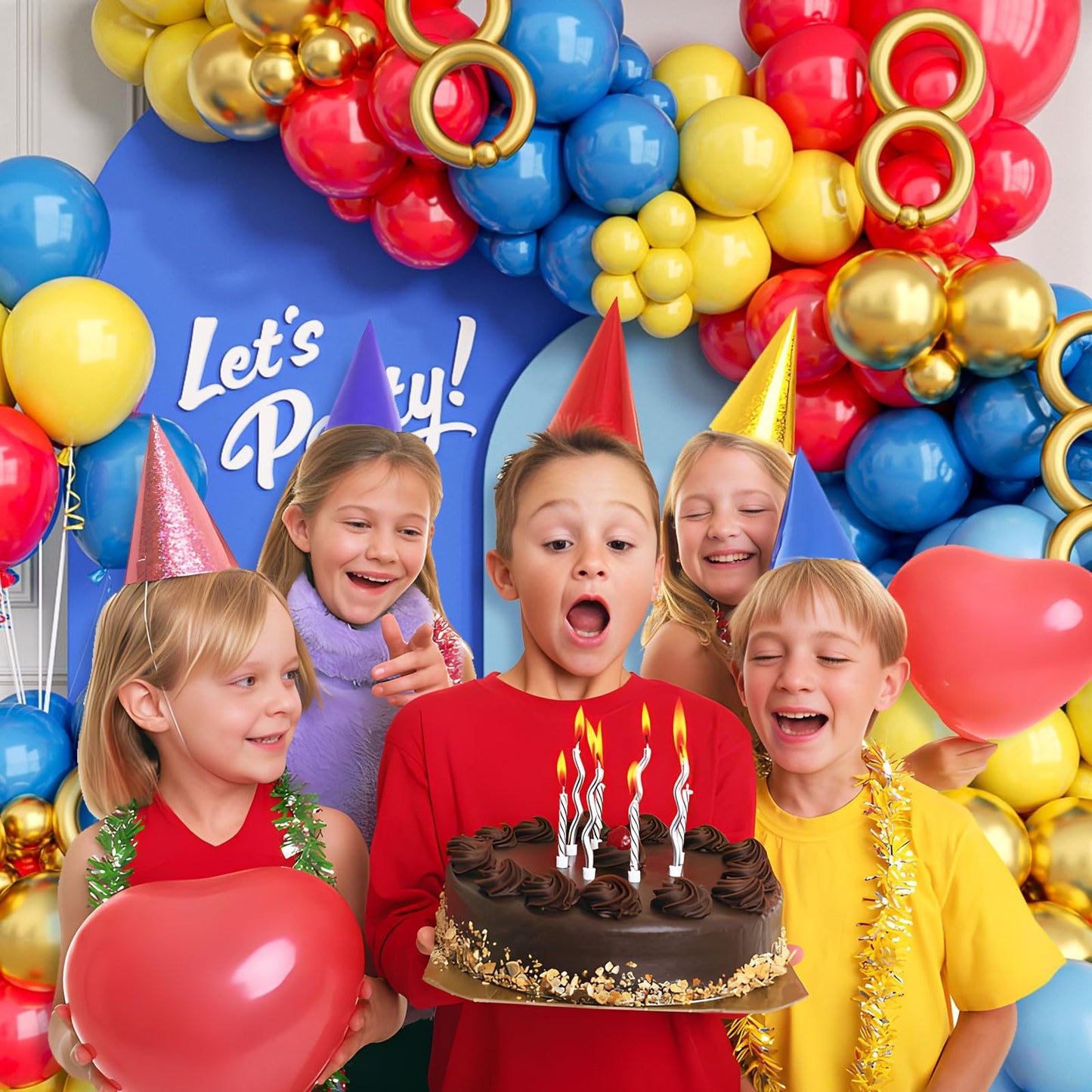 132pcs Red Blue Yellow Balloons Arch Garland Kit with Long Balloons