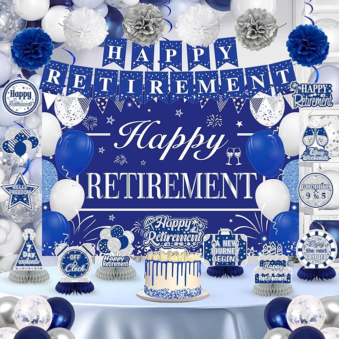 Retirement Party Decorations for Men Women Blue Silver Happy
