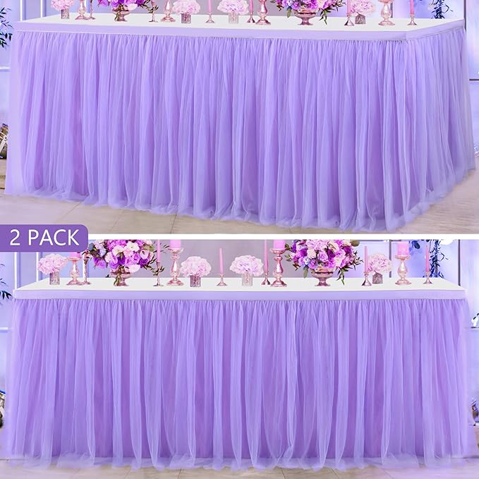 2 Pack 6ft Purple Table Skirt for Baby Shower Girl Lavender Tutu
