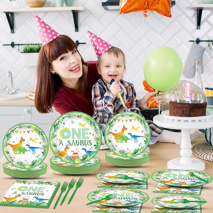 96Pcs One A Saurus Birthday Party Plates and Napkins Dinosaur First