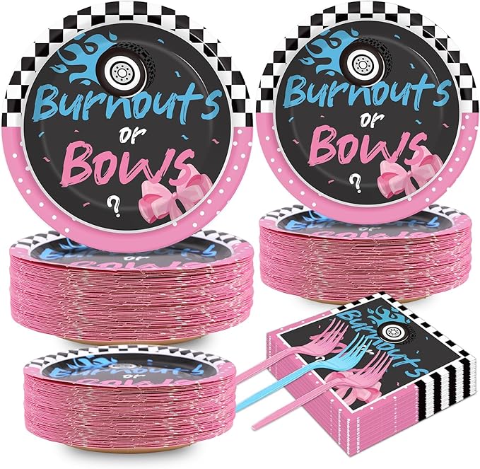 50 Guests Burnouts or Bows Gender Reveal Plates and Napkins Party