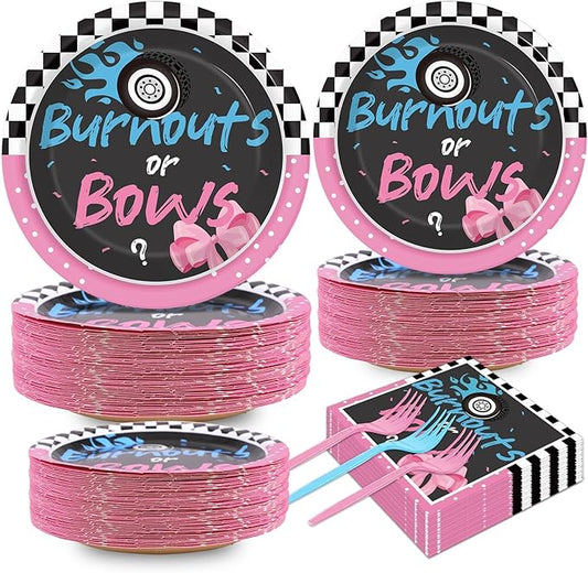 50 Guests Burnouts or Bows Gender Reveal Plates and Napkins Party