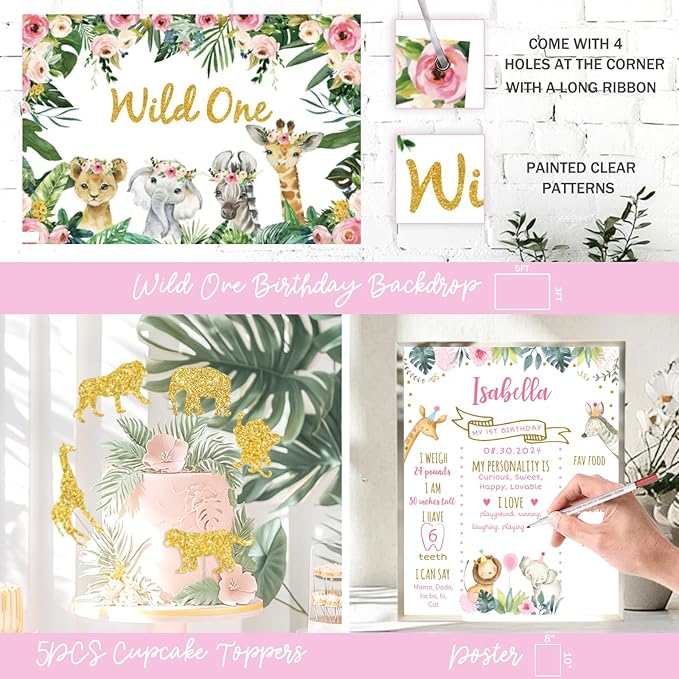 130 PCs Wild One Birthday Decorations Girl Hombae Safari Jungle