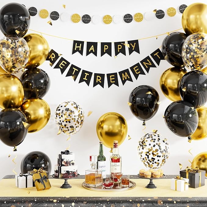 Retirement Party Decorations for Men and Women Black and Gold Happy