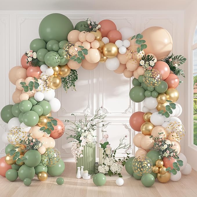 166Pcs Sage Olive Green Blush Peach Balloon Garland Arch Kit Orange