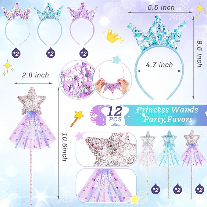 12 Pcs Princess Party Favors Star Shaped Wands and Sequin Crown