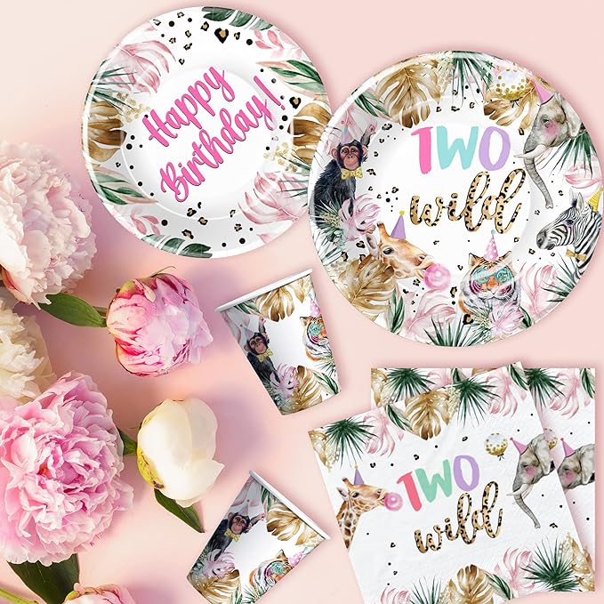 Two Wild Birthday Decorations Girl Tableware Safari Jungle Animal