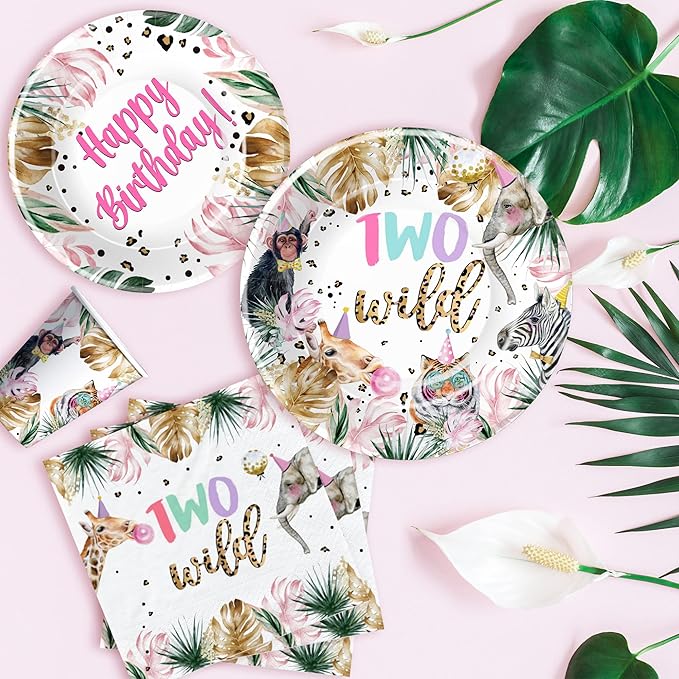Two Wild Birthday Decorations Girl Tableware Safari Jungle Animal
