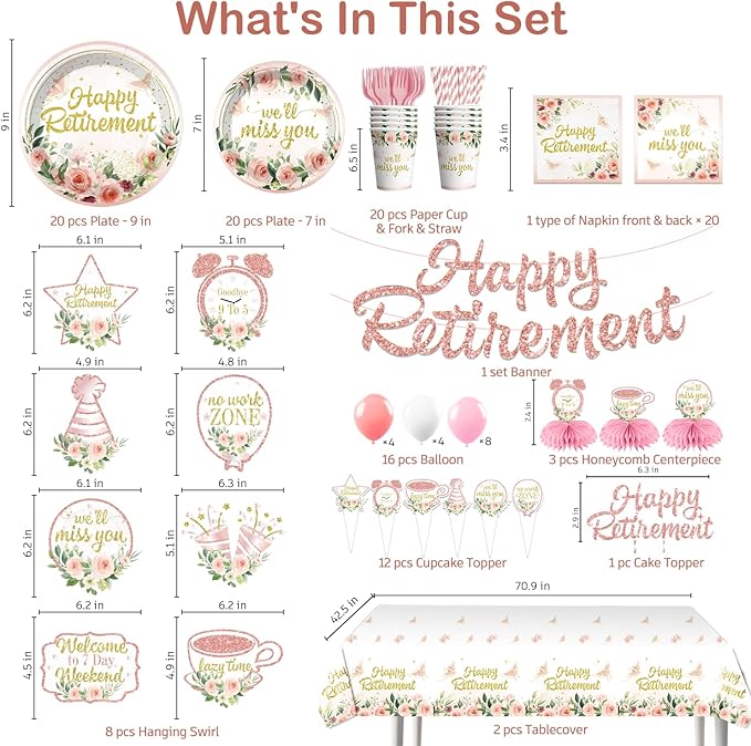 171pcs Floral Retirement Decorations for Women Tableware Set 20