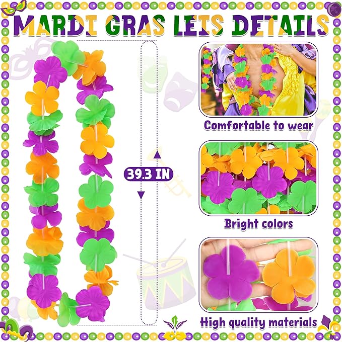 Mardi Gras Leis Accessories, 24PCS Purple Gold Green Silk Flower