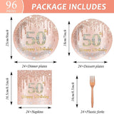96 Pieces 50th Birthday Tableware Set for Pink Rose Gold 50th