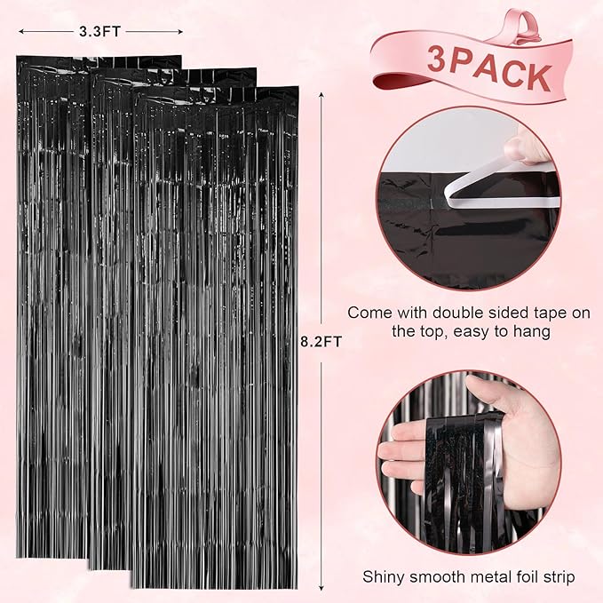Voircoloria 3 Pack 3.3 x 8.2 ft Laser Black Foil Fringe Backdrop