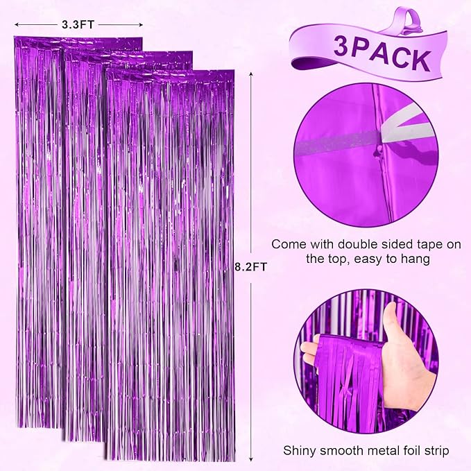 Voircoloria 3 Pack 3.3x8.2 Feet Purple Foil Fringe Backdrop Curtains,