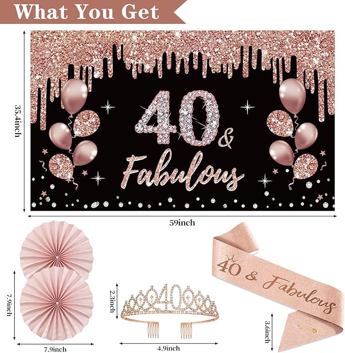 40th Birthday Decorations for Women 33pcs Black Rose Gold Happy 40th