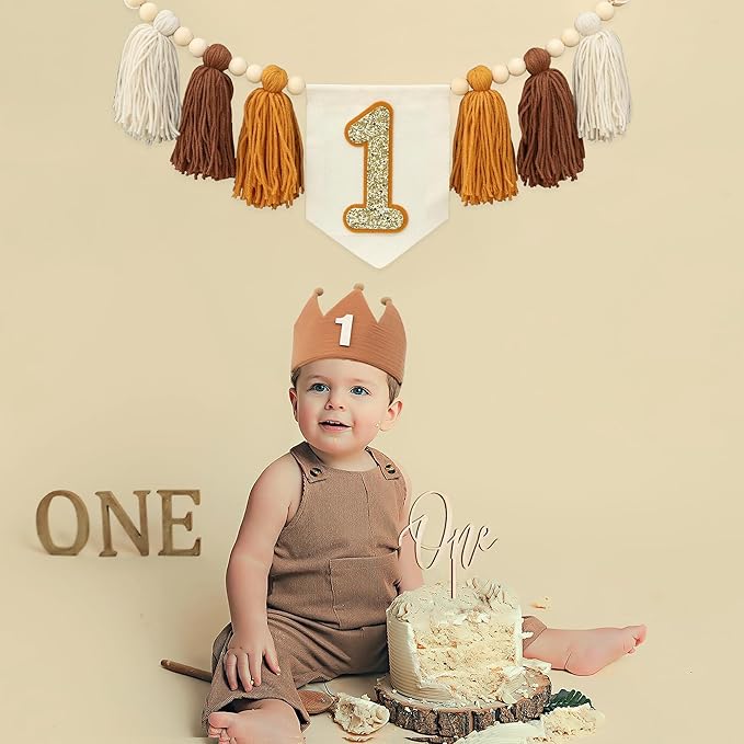 Baby Boy First Birthday Party Decorations Brown High Chair Banner