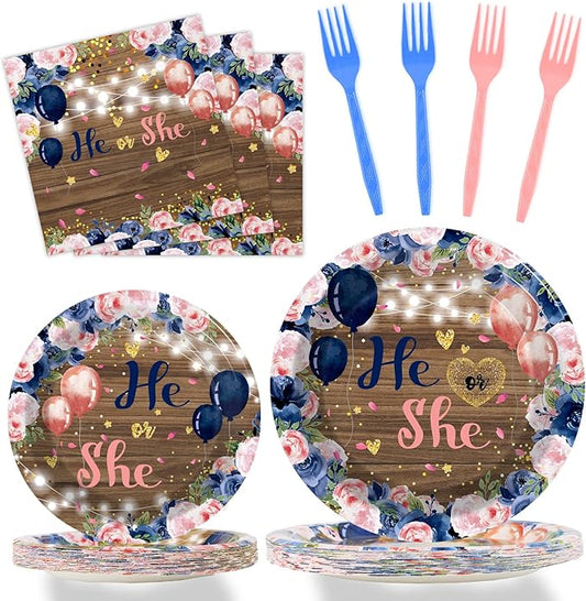 96 Pcs Gender Reveal Party Decorations Supplies He or She Tableware