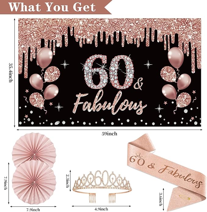 60th Birthday Decorations for Women 33pcs Black Rose Gold Happy 60th