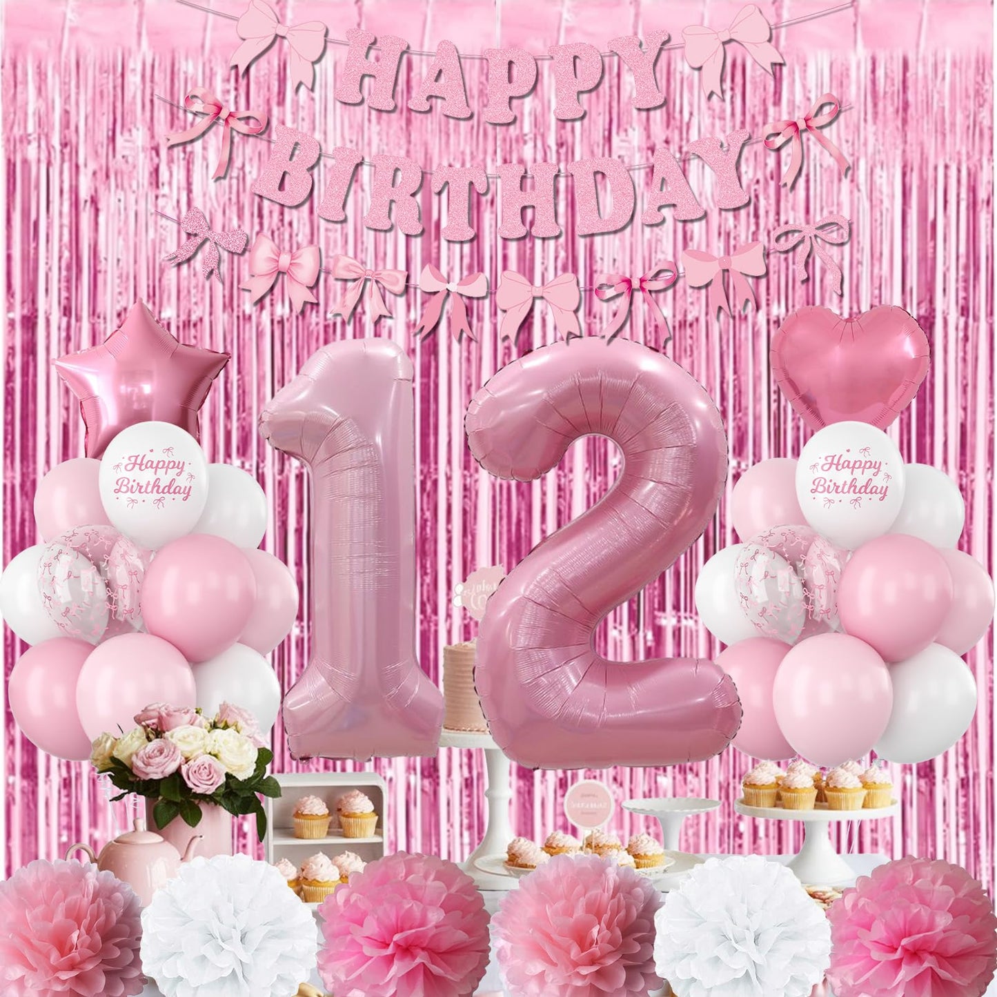 12th Birthday Decorations for Girls Pink Number 12 Balloon Bow