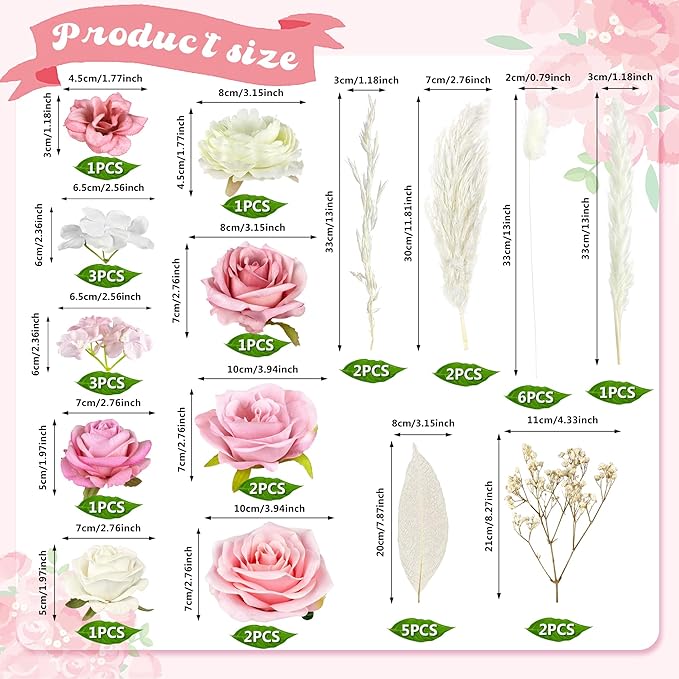 33 PCS Boho Cake Topper Decorations Vintage Artificial Rose Flowers Le