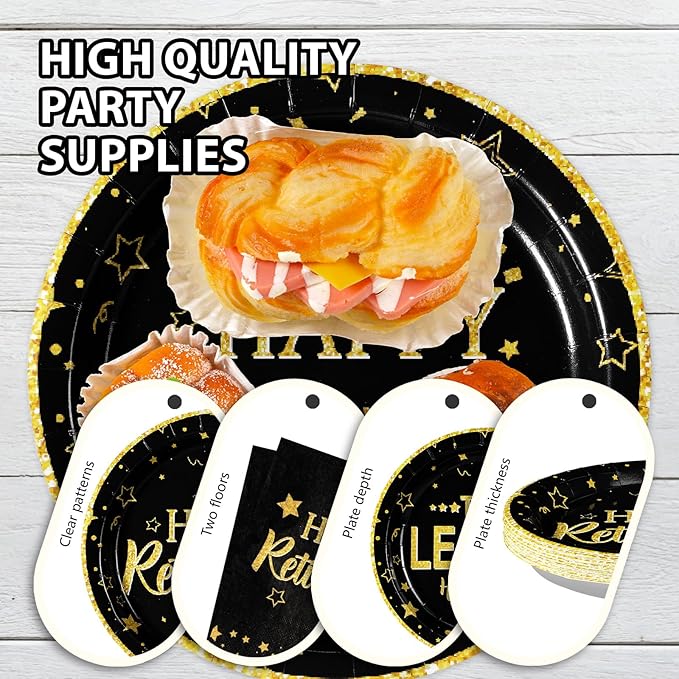 96 Pcs Retirement Party Plates Black and Gold Happy Retirement Party