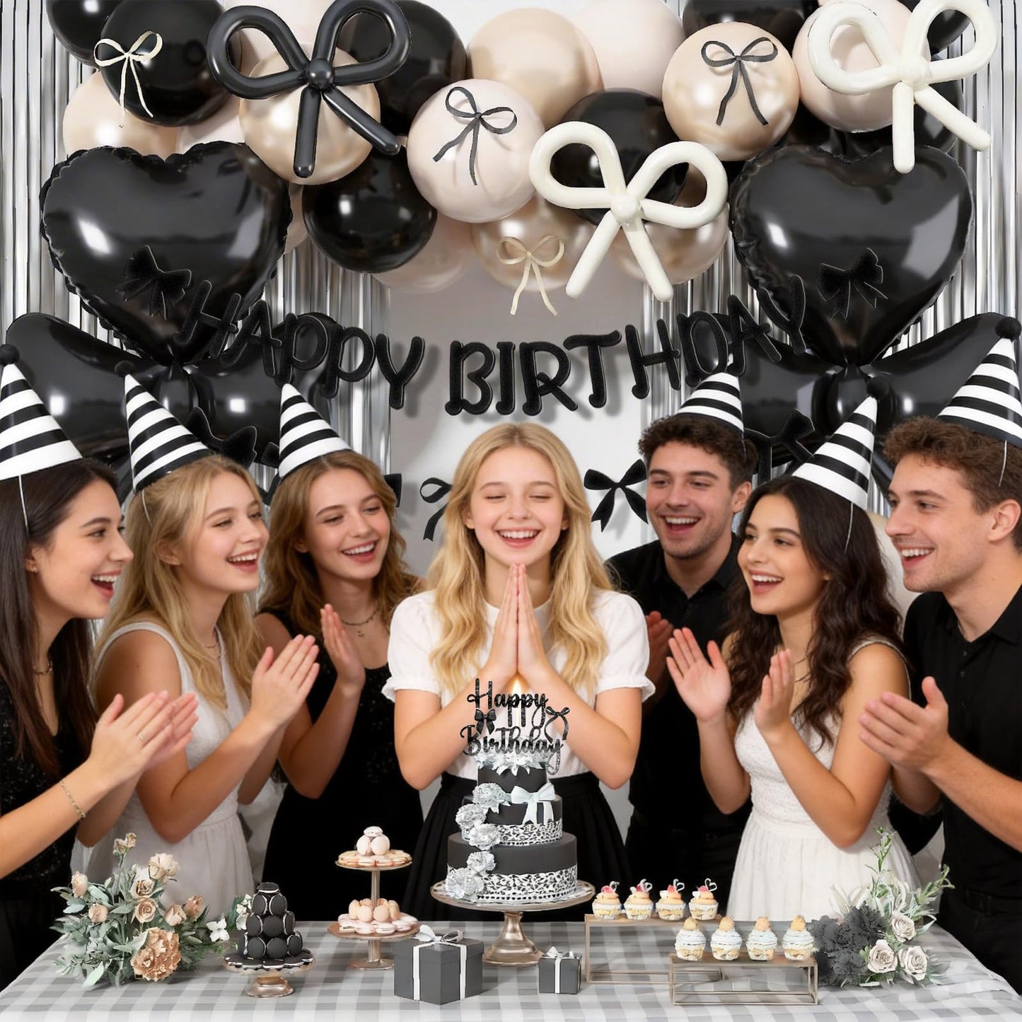Black Bow Birthday Party Decorations, Coquette Bow Black Sand White