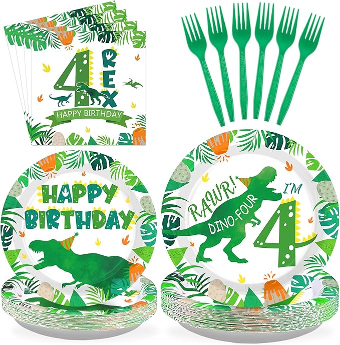 96Pcs Dinosaur 4th Birthday Decorations Dinosaur 4th Birthday Plates