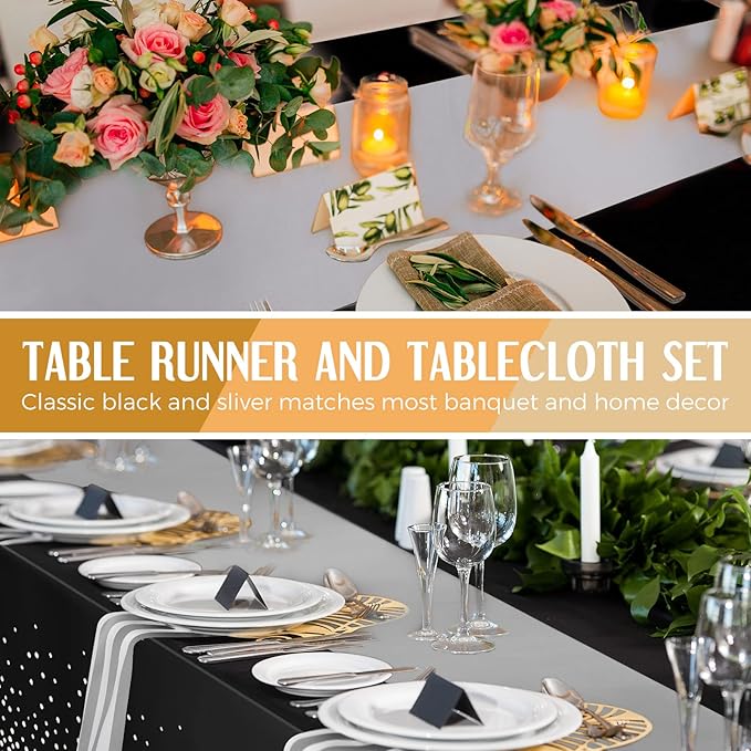 Breling 8 Pack Black and Silver Disposable Plastic Tablecloths and